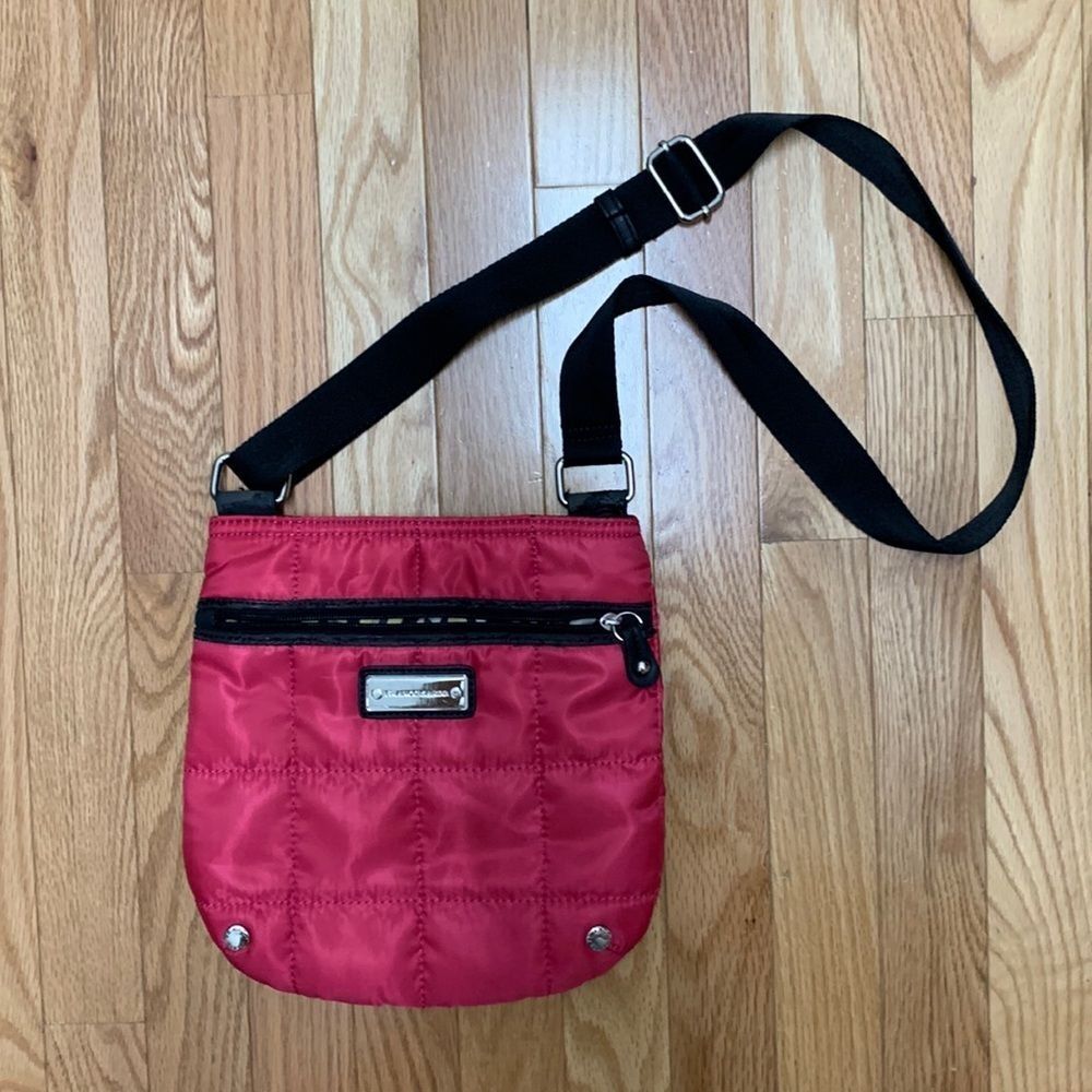 Franco Sarto Red Quilted Nylon Crossbody Bag Leopard Print Lining Adjustable
